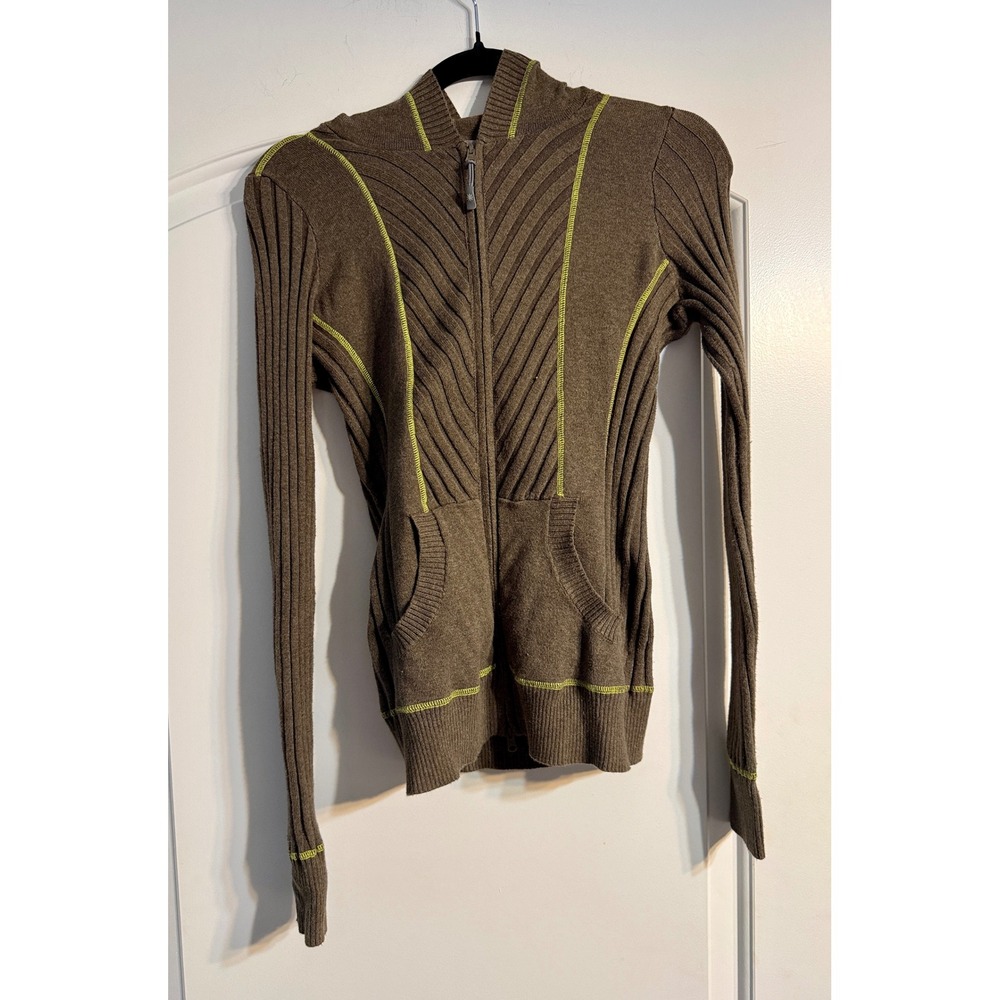 Athleta Full Zip Hoodie Women Size S Brown Lime Green Ribbed Knit